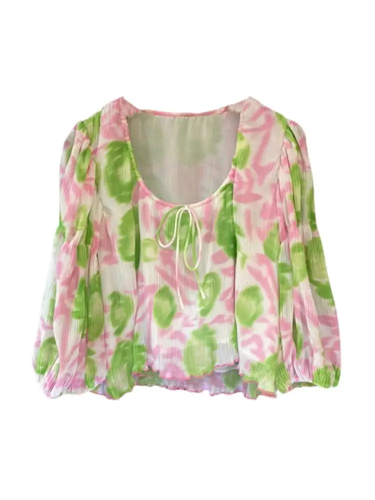 

Summer Casual Chiffon Top Fashion Women Pink Green Print Top U-Neck Tie Up Three-quarter Sleeve Top Holiday Clothing Beach Shirt
