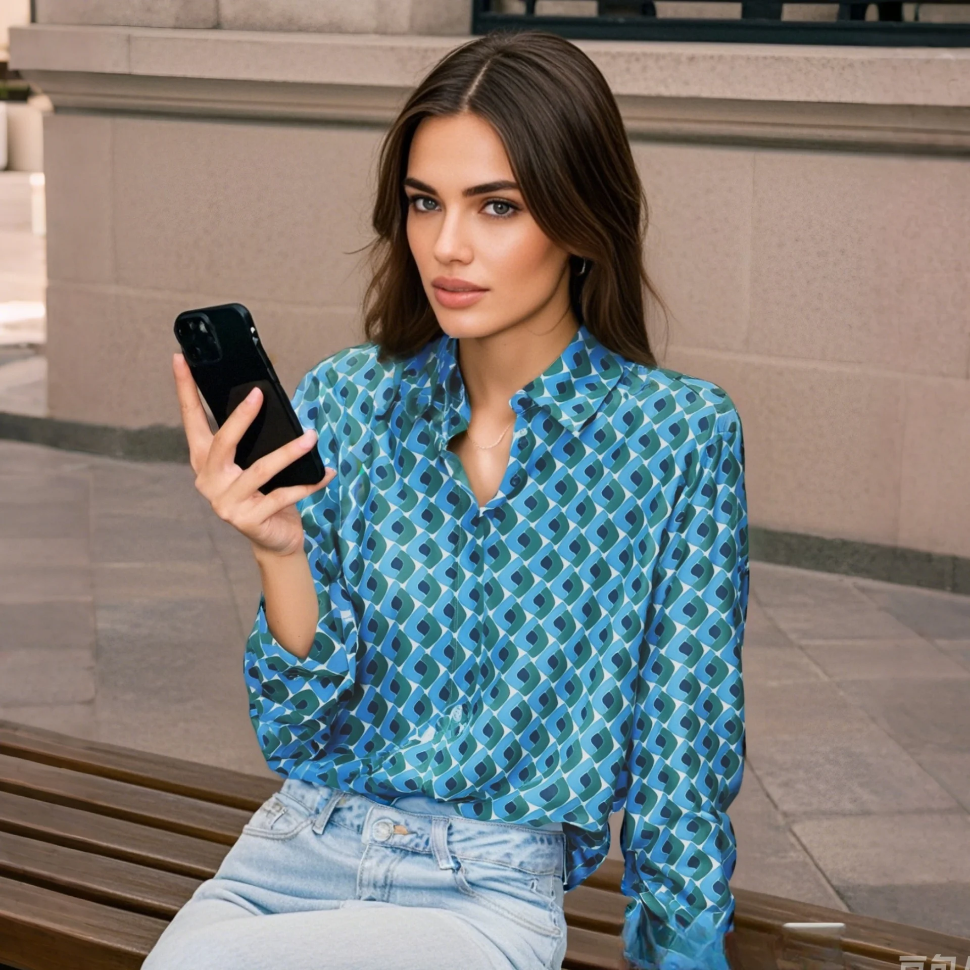 

PB&ZA 2025 Women's Long Sleeve Geometric Patterned Shirt Stylish and Versatile Blouse for Trendy Outfits