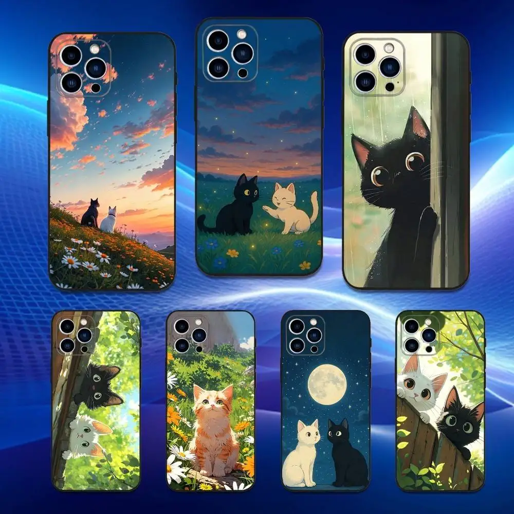

Cartoon Animal Cute Cat Phone Case For iPhone 16,15,14,13,12,11 Plus,Pro Max,XS,X,XR,SE,Mini,8,7,Soft Silicone Black Cover