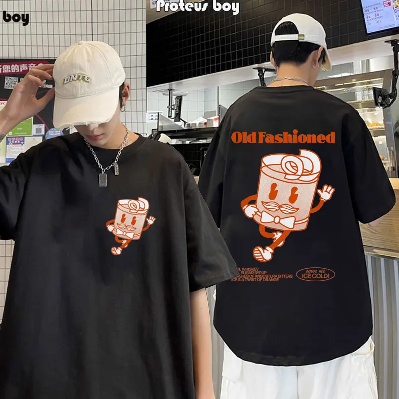 

Funny Old Fashioned Cocktail Print T Shirt Vintage Oversized T-shirts Male Casual Cotton Short Sleeve Cute Cartoon Harajuku Tees