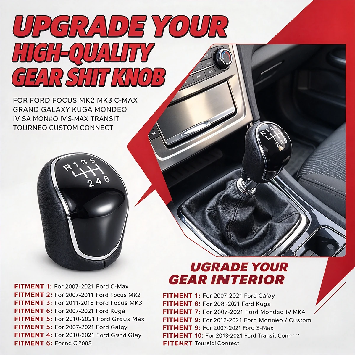 MT 5/6 Speed Gear Shift Knob Leather Shifter Lever Arm Headball For Ford Mondeo Mk4 Focus S-Max C-Max Kuga Galaxy Car Accessory