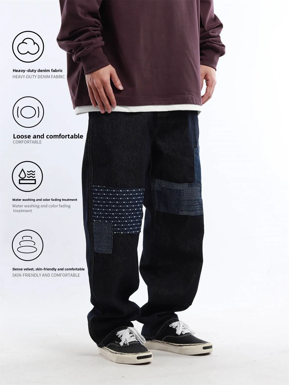 Reknat Vintage Patchwork Large Size Straight Leg Loose Fit Men's Jeans Fashion Urban Style Water Washed Original Color Cotton...