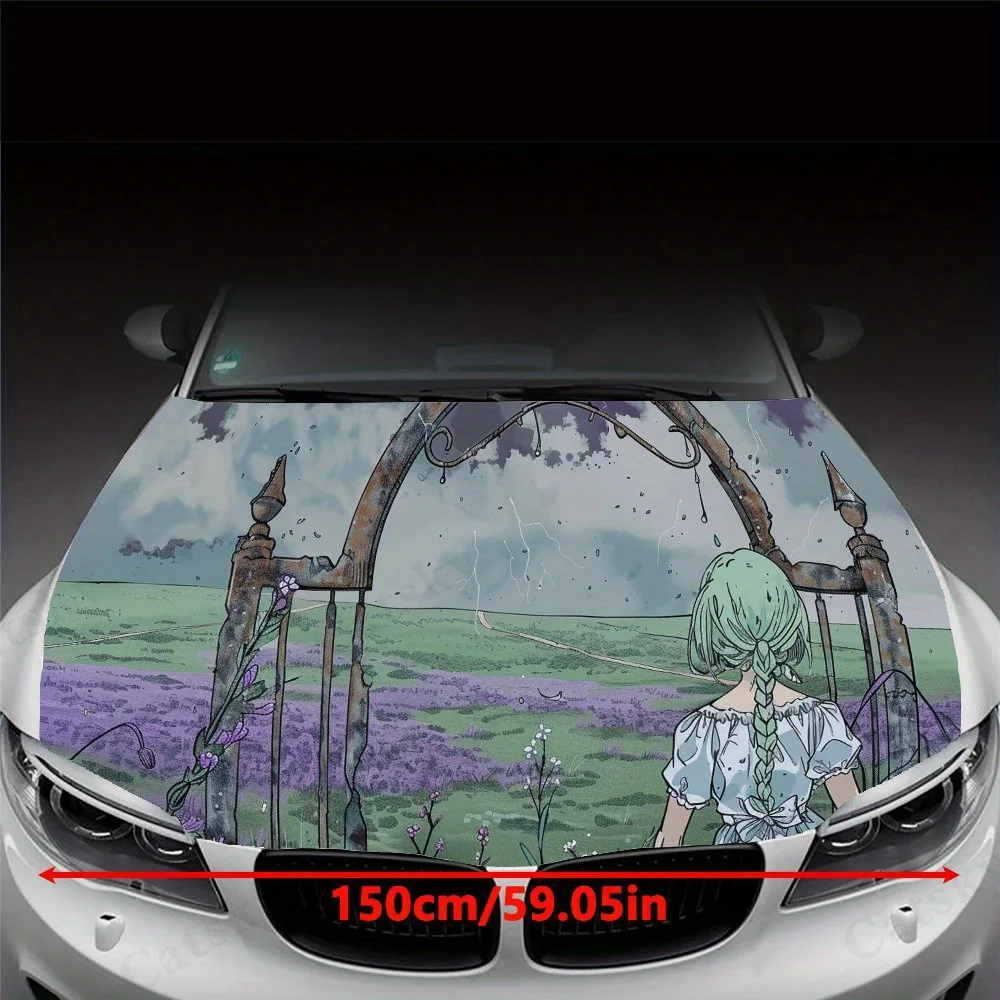 Girl by the Lavender Field car hood stickers, waterproof self-adhesive, scratch resistant, easy to stick, durable car PVC sticke