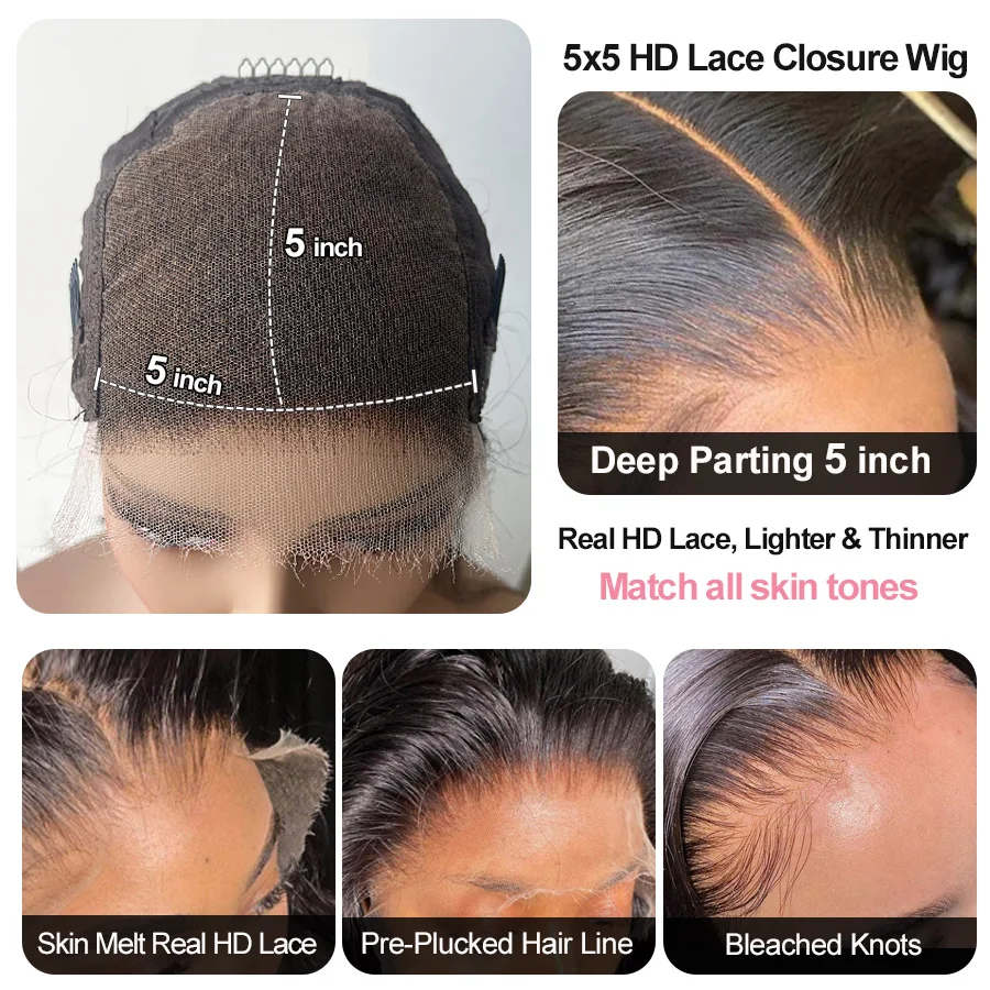 5x5 Glueless Straight Ready to Wear Lace Clousure Wig Human Hair Pre Plucked Hairline Brazilian Single Knots Lace Frontal Wigs