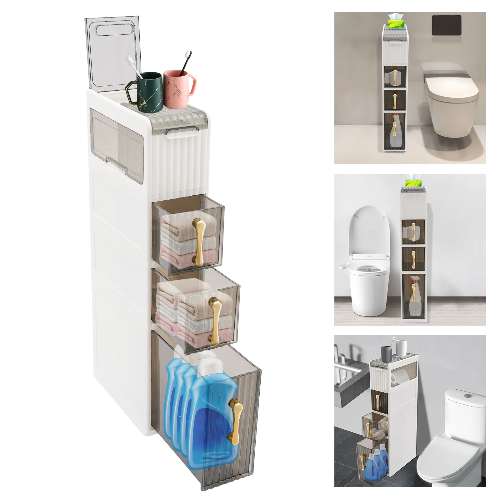 

White Rectangular Toilet Paper PP Holder,4 Drawers Narrow Bathroom Storage Cabinet Floor Standing for Narrow Spaces