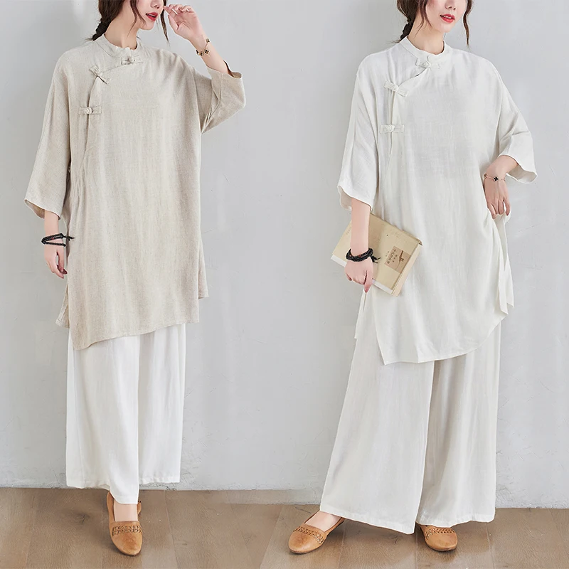 

Spring Autumn Large Size Cotton Linen Set Collared Improved Midi Skirt High End Linen Two Piece Set Commute Sle a...