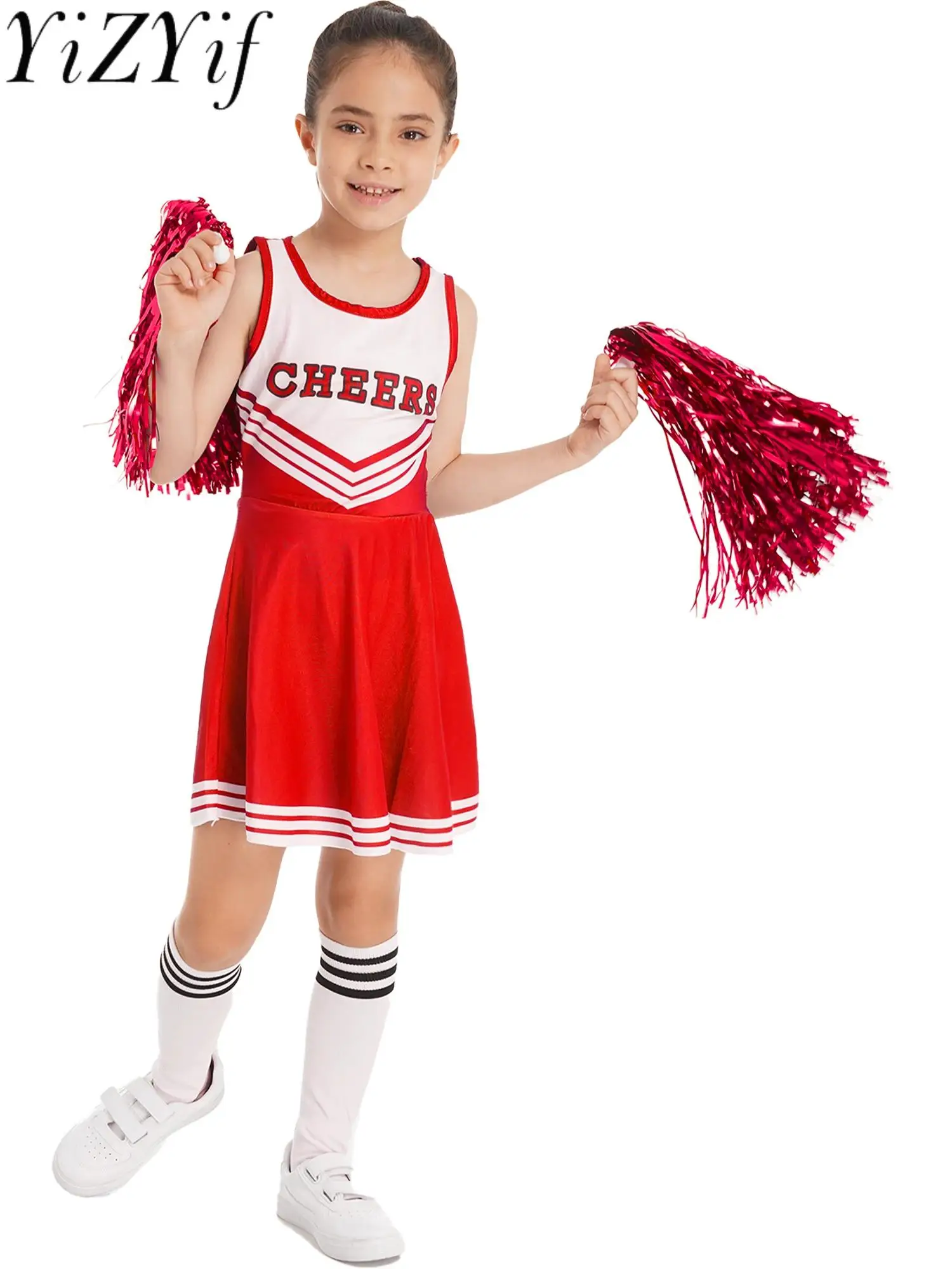 

Girls Cheerleading Uniform Sleeveless Dance Costume Kids Cheerleader Outfit Round Neckline Letter Print Dress Flower and Socks