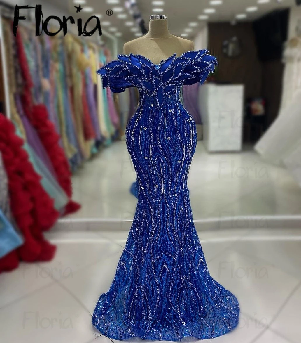 Floria Royal Blue Off Shoulder Mermaid Party Dress Glitter Beading Party Gowns Boat Neck Vestidos De Fiesta Birthday Cocktail