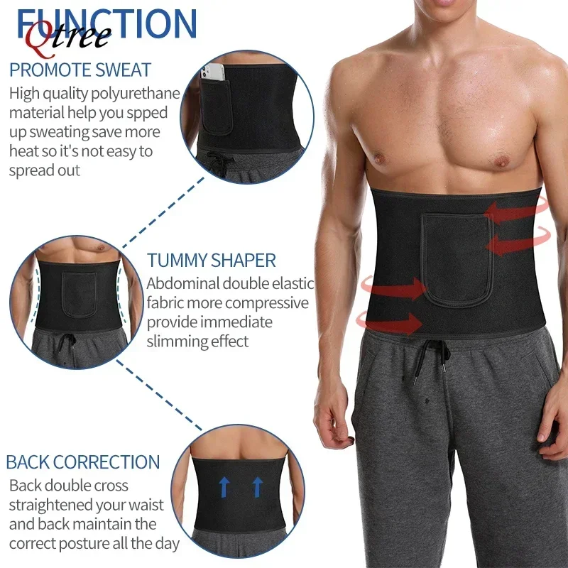 Qtree Waist Trainer Adjustable Wrap Sauna Sweat Belly Cinchers Belt Men Pocket Weight Loss Tummy Control Corset Fat Burn Trimmer