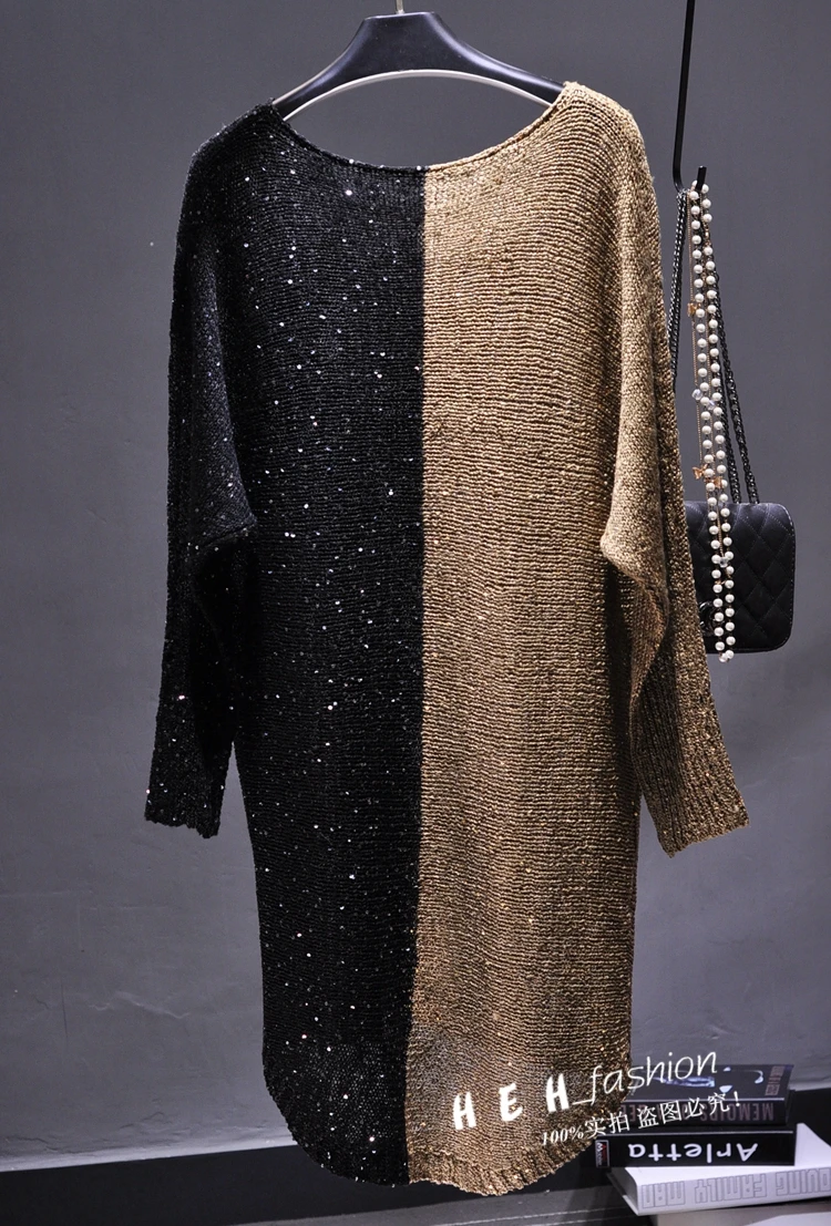 Vintage Sweater European and American Fashion Women Loose Long Sweater Sequins Splicing Sweater Womens Winter Sweaters