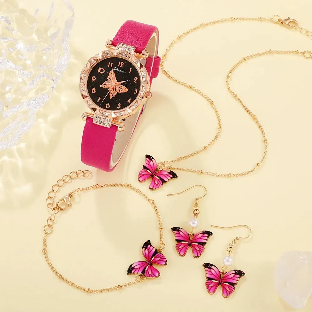 5PCS Set Womens Fashion Quartz Watch Female Clock Rose Red Butterfly Luxury Brand Design Women Watches Simple Ladies Wrist Watch