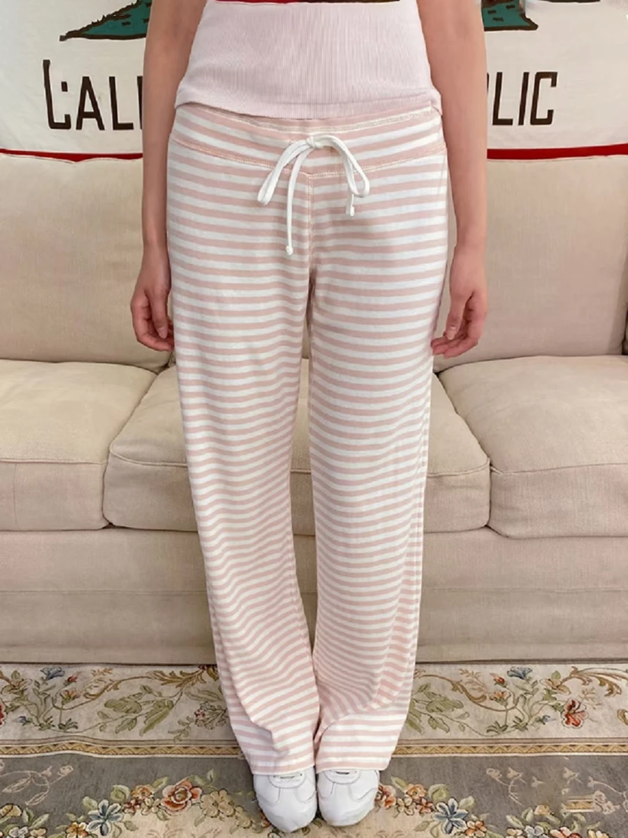 

Pink Striped Sweet Wide Leg Pants Women New High Waist Cotton Drawstring Sport Trousers Autumn Preppy Style Cute Sweatpants Y2k