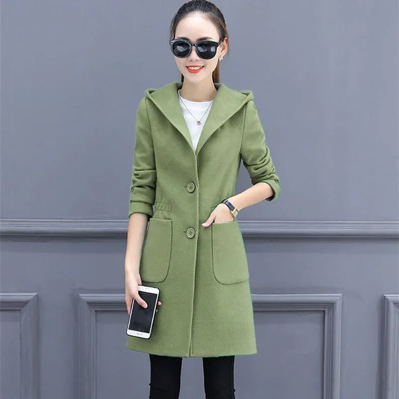 Women Woolen Coat 2024 Spring Autumn Thin Wool Jacket Female Mid length Woolen Coats Ladies Elegant Fashion Hooded Overcoat