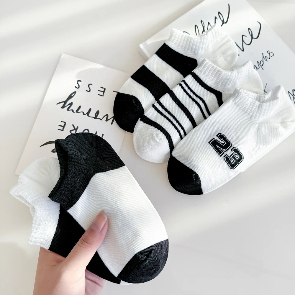 2024 Summer Kids Shallow Short Socks 100% Cotton Black White Striped Breathable Invisible Boys Girls Boat Socks for 1-12 Years