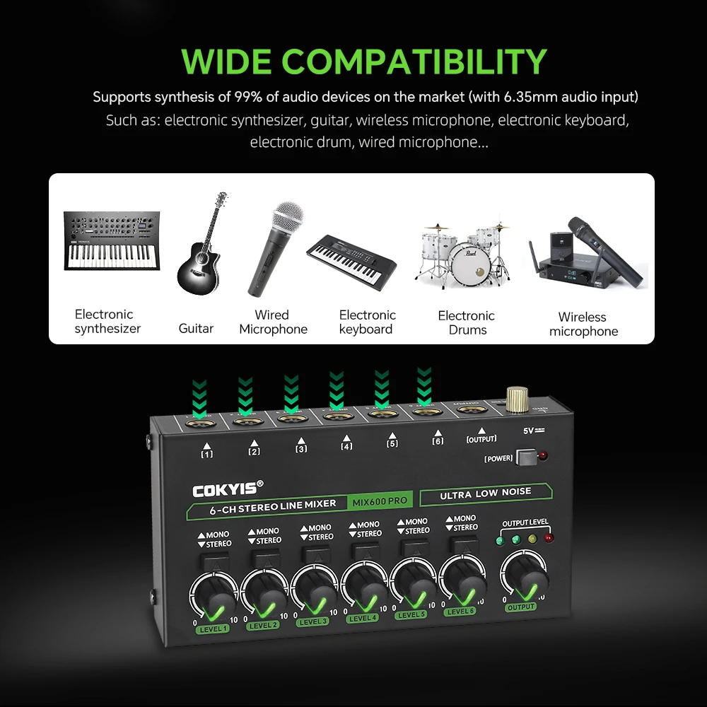 MIX600 Easy Operation Audio Mixer with Independent Microphone Control for Guitars Bass and Stage Use