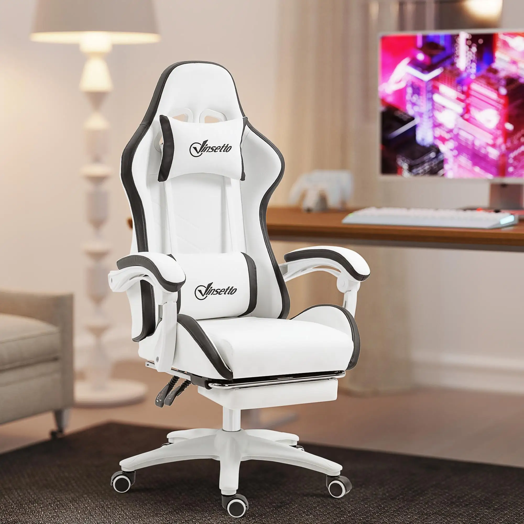 Silla gaming Vinsetto con 135 ° Reposapiés inclinable de cuero PU 65x65x121-129 cm Blanco/Negro