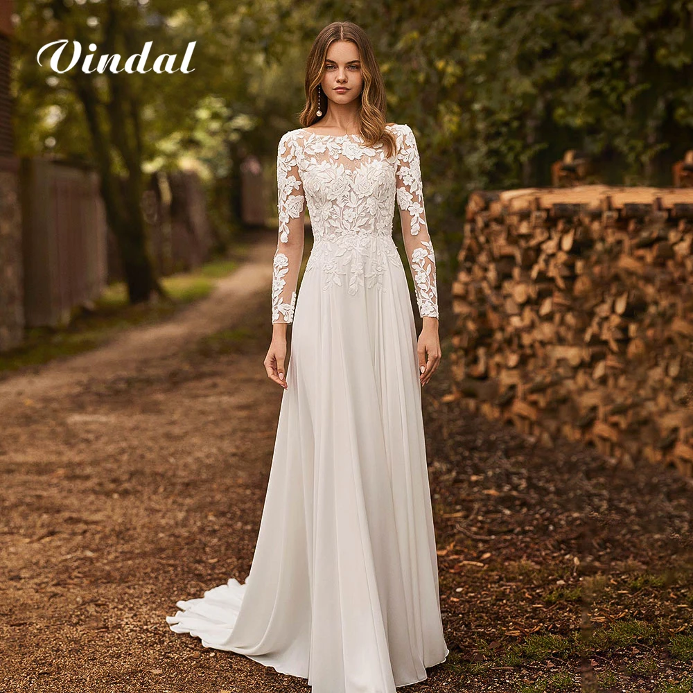 فستان زفاف بوهو عتيق بأكمام طويلة من Vindal للعروس برقبة سكوب شيفون زهري على شكل حرف a فستان العروس رداء De Mariée مخصص #1