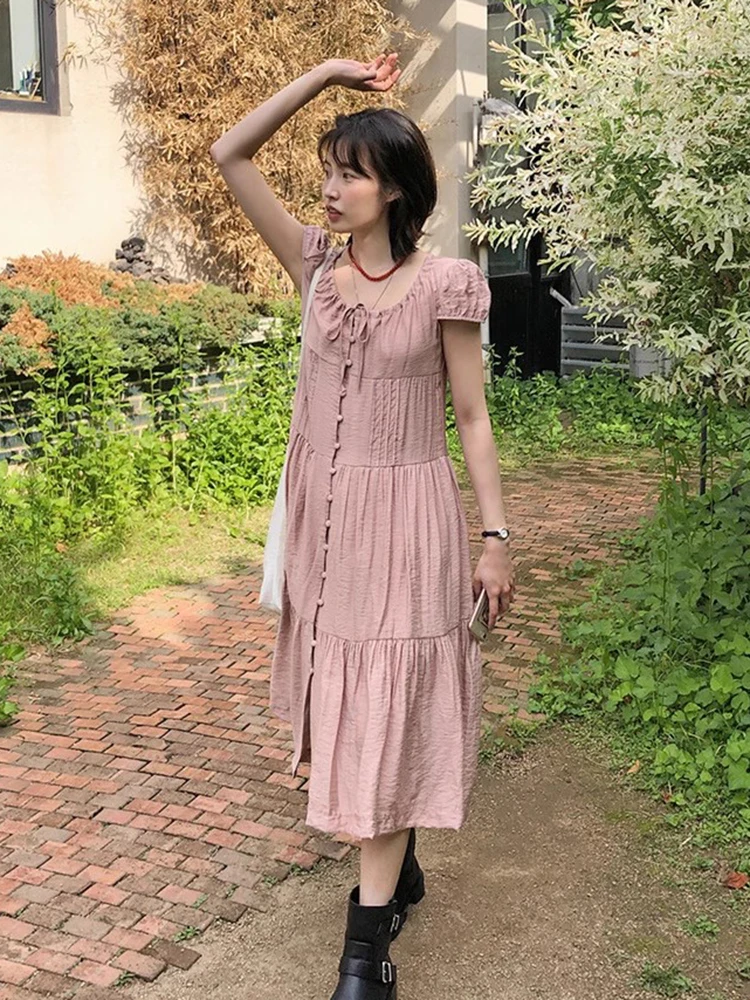 Falda Larga de Verano para Mujer, Estilo Dulce y E, con Pliegues, Manga Abullonada, Color Puro, Estilo Coreano, Cintur...