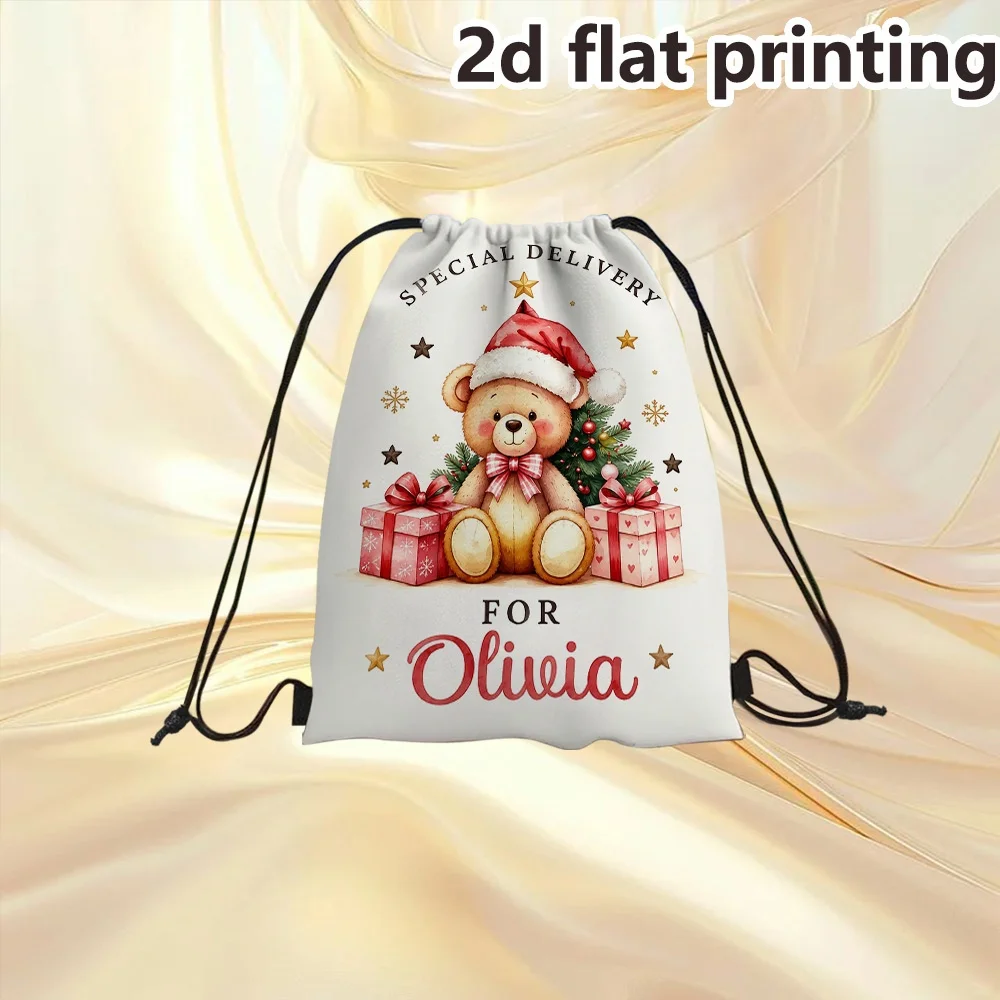 1Pc Christmas Theme Custom Text/Name Drawstring Backpack, Bear Pattern Drawstring Closure Design Christmas Gift Storage Pouch