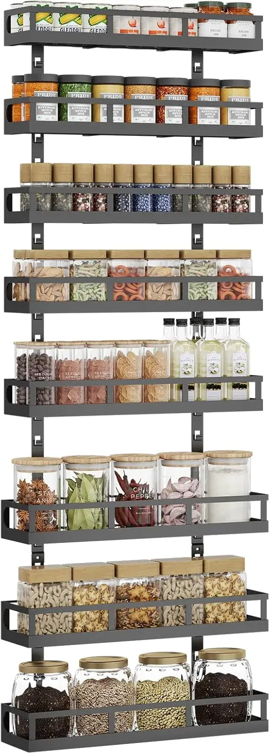 

8-Tier Adjustable Wall-Mounted Spice Rack with Mixed Baskets, Large-Capacity Kitchen Pantry Organizer in Black