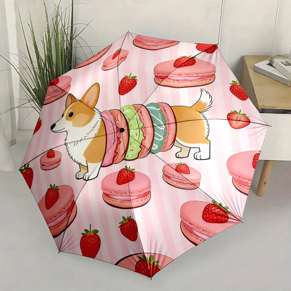 1PC Adorable Corgi and Strawberry Macaron Umbrella Design Print 8 Iron Ribs Folding Umbrella Auto-Open Fashion Sunshade