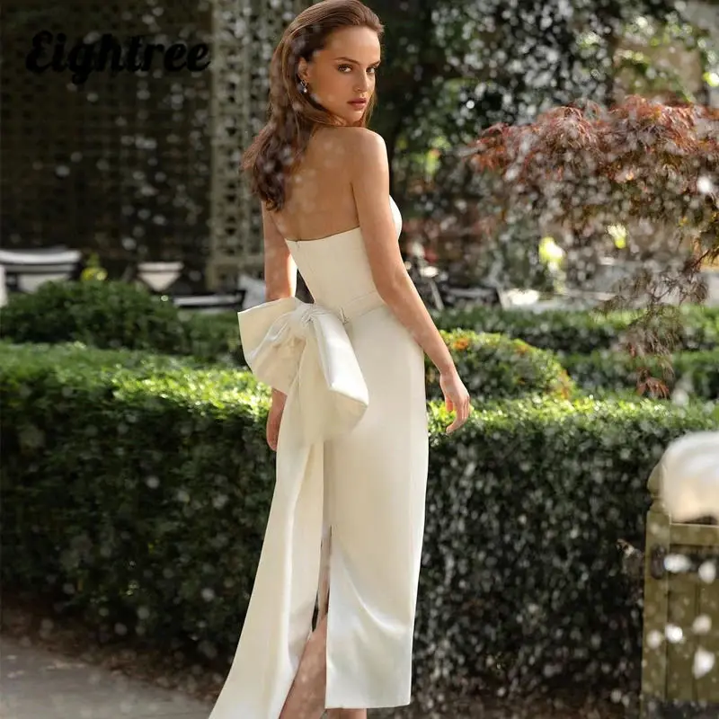 Customized  Wedding Dresses Strapless Split Bridal Dress With Bow Sexy Tea-Length Sleeveless Satin Wedding Gowns Plus Size