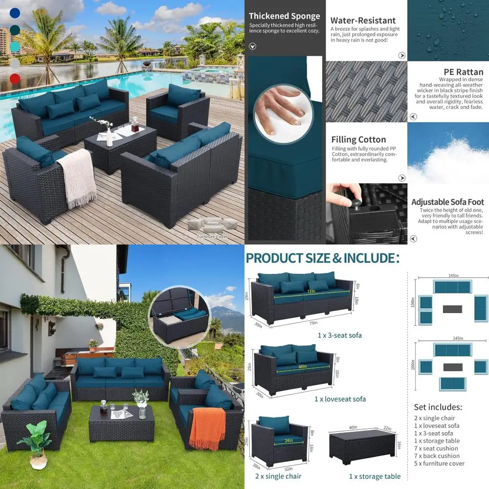 5-Piece Outdoor Furniture Set with Patio Couch, Chairs, and Coffee Table in Peacock Blue with Anti-Slip Cushions