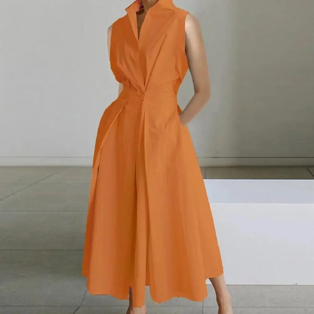 Abito da donna con colletto a risvolto abito longuette a trapezio da donna alla moda con tasche a vita alta con bottoni a risvolto elegante stile pendolare formale