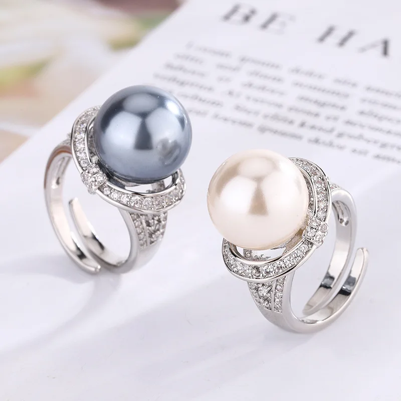 

Jewelry Copper Plated White Gold Pearl Elegant Simple Women's Ring 14mm