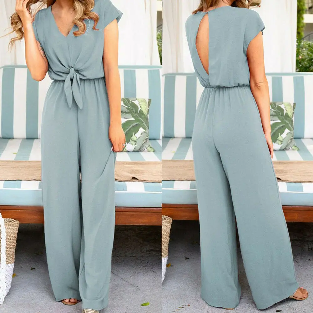 Women V-neck Short Sleeve Backless High Waist Jumpsuit Wide Leg Long Overalls Casual Loose Summer Boho Holiday Beach Jumpsuits