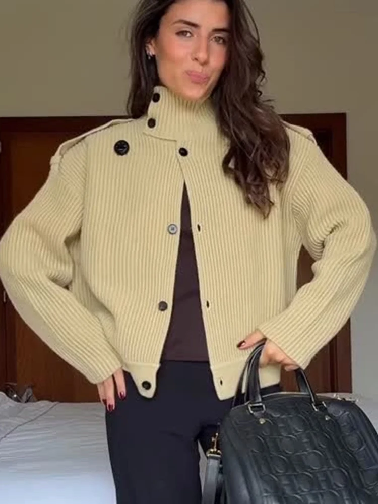 

Women's sweater jacket loose casual knitwear women's knitted cardigan solid color stand up collar single breasted