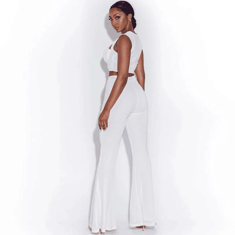 Fashion Outfit Elegant Suit Sexy Sleeveless Top and Long Flare Pants Two Piece Set Crop Top Fall Winter Club Party Matching Set