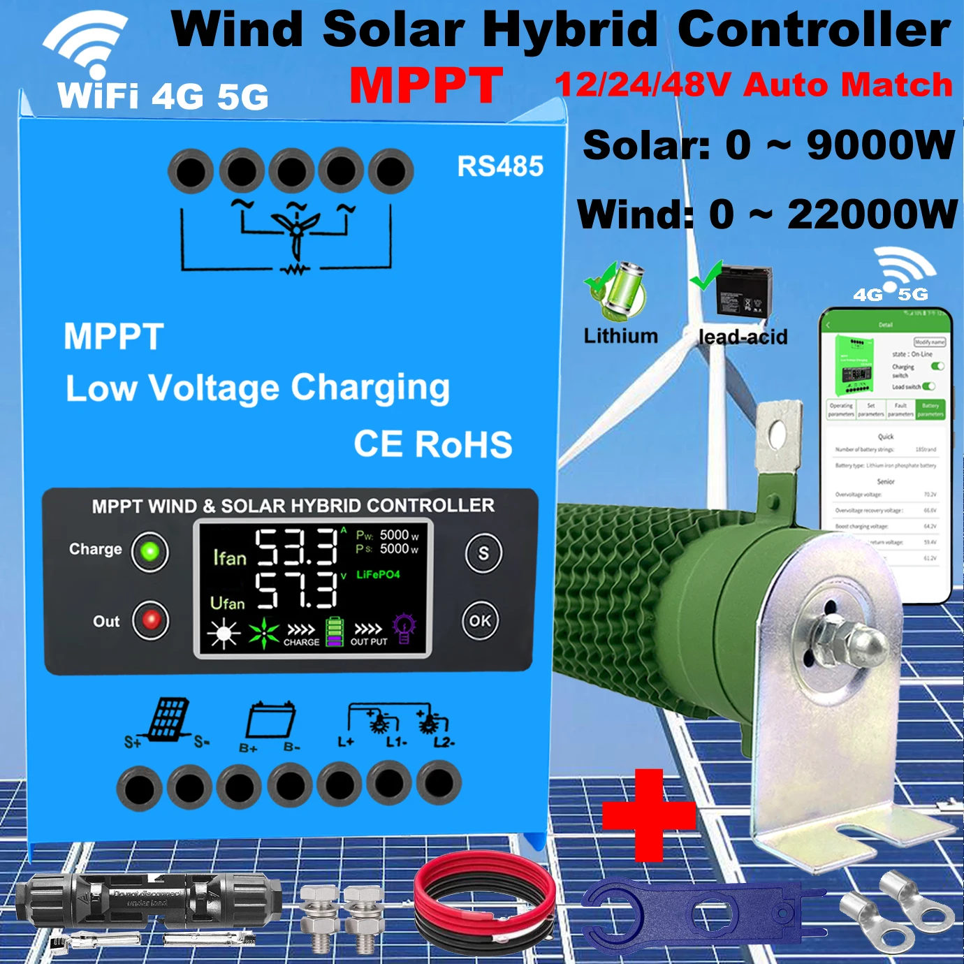 12V 24V 48V 6000W Wifi Wind Solar Hybrid Charge Controller, MPPT Charge for Solar Panel Wind Turbine,Lithium Lead Acid Battery