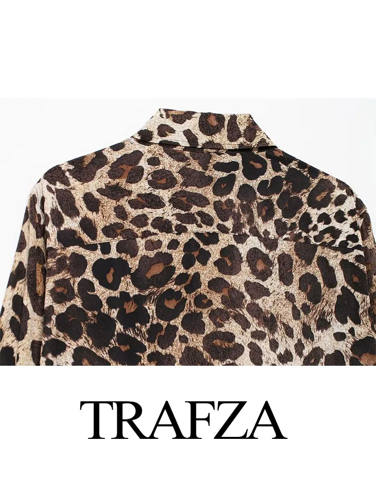 TRAFZA-camisa Vintage con estampado de leopardo para Mujer, Top de manga larga con cuello vuelto, elegante, de un solo pecho, de verano