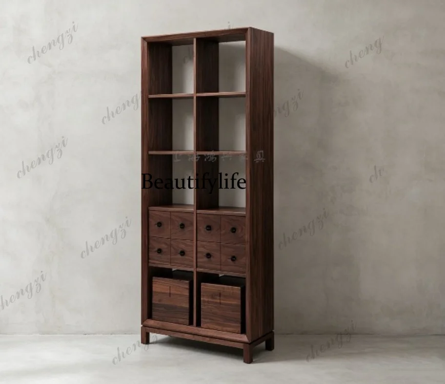 Bookshelf North American black walnut log bookcase Bogu shelf New Chinese display shelf Solid wood edge cabinet