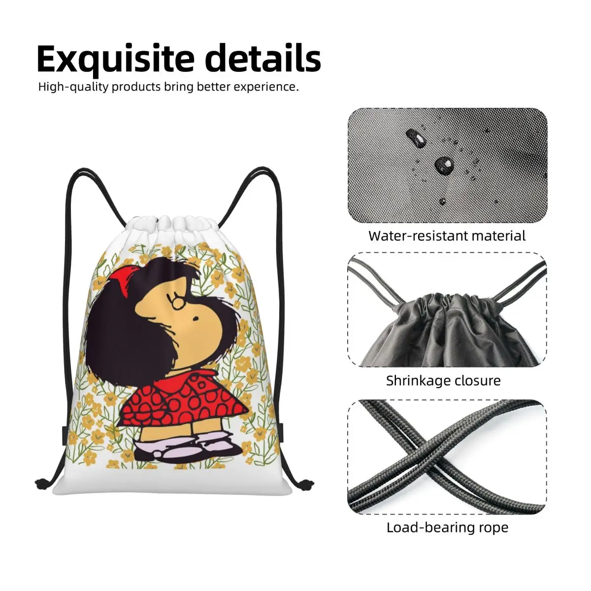 Aangepaste Mafalda en bloemen tas met trekkoord heren dames lichtgewicht Argentinië Manga Quino cartoon sport gym opslag rugzak
