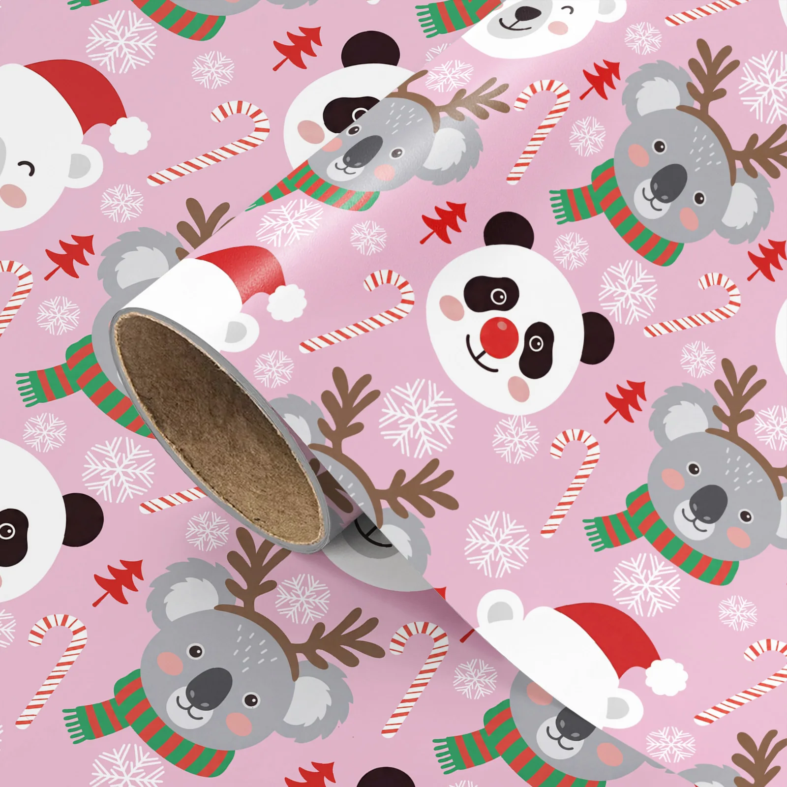 1 Roll of Christmas and New Year Gift Wrapping Paper, Cute Pink Background, Cartoon Koala, Panda, Polar Bear, Reindeer Antlers, Christmas Hat, Candy Cane, Snowflake Print, Suitable for Family, Friends, Couples, Colleag