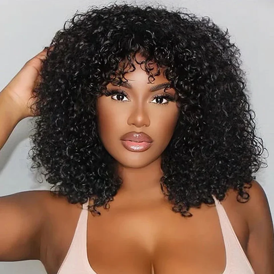 

Glueless Curly Bob Wigs Human Hair Short Curly Wigs With Bangs Wear And Go Kinky Curly Brazilian Human Hair Wigs 200% Density