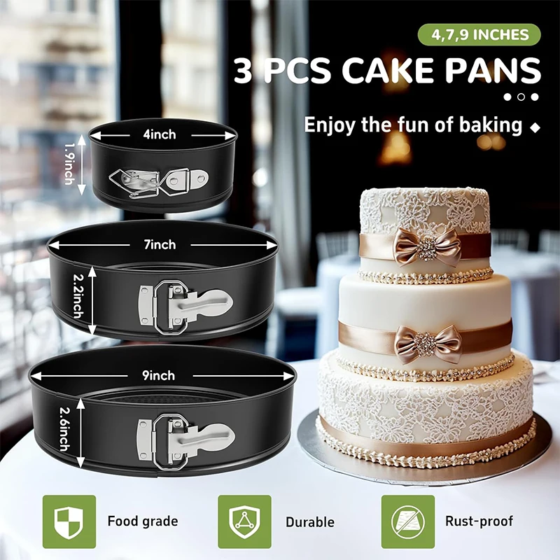 3Pcs Springform Pan Set Nonstick Spring Form Pans with Removable Bottom Leakproof Round Cheesecake Baking Pans 4'' 7'' 9''