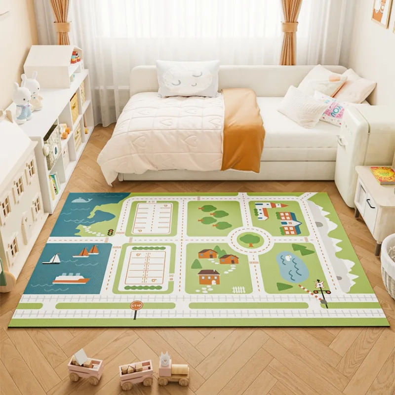 Cartoon Children's Room Carpet Car Track Game Mat Waterproof and Scratch-resistant PVC Rug Green Beige Non-slip Foot Mats Tapete