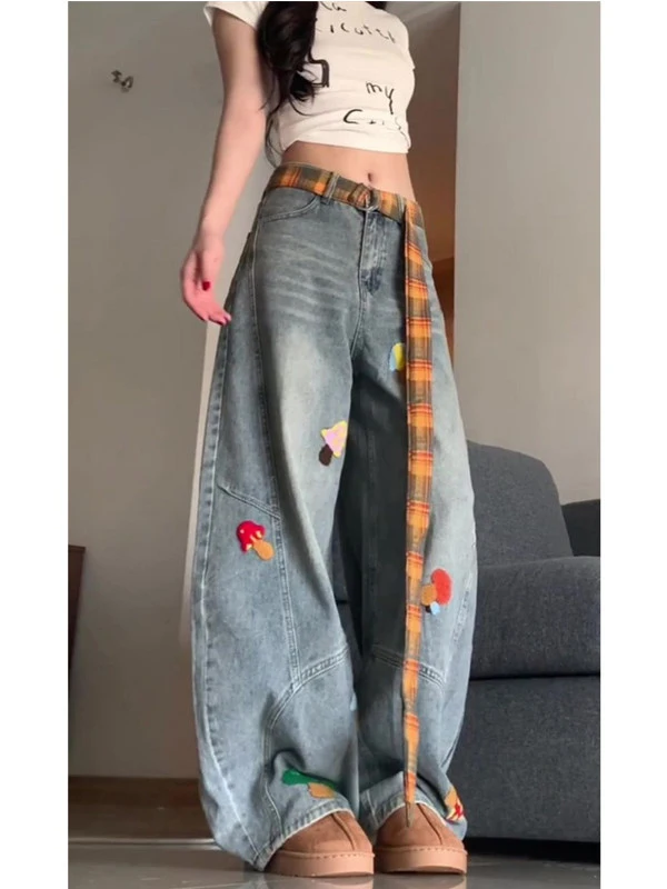 Retro American Cartoon Embroidered Towel High Waist Loose Wide Leg Jeans Women's Autumn New Design Casual Cotton Denim