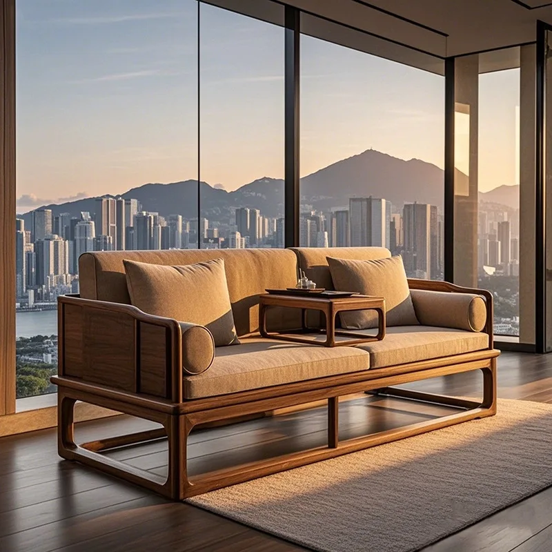 

New Chinese sofa black walnut ash wood solid wood sofa office hotel homestay office furniture