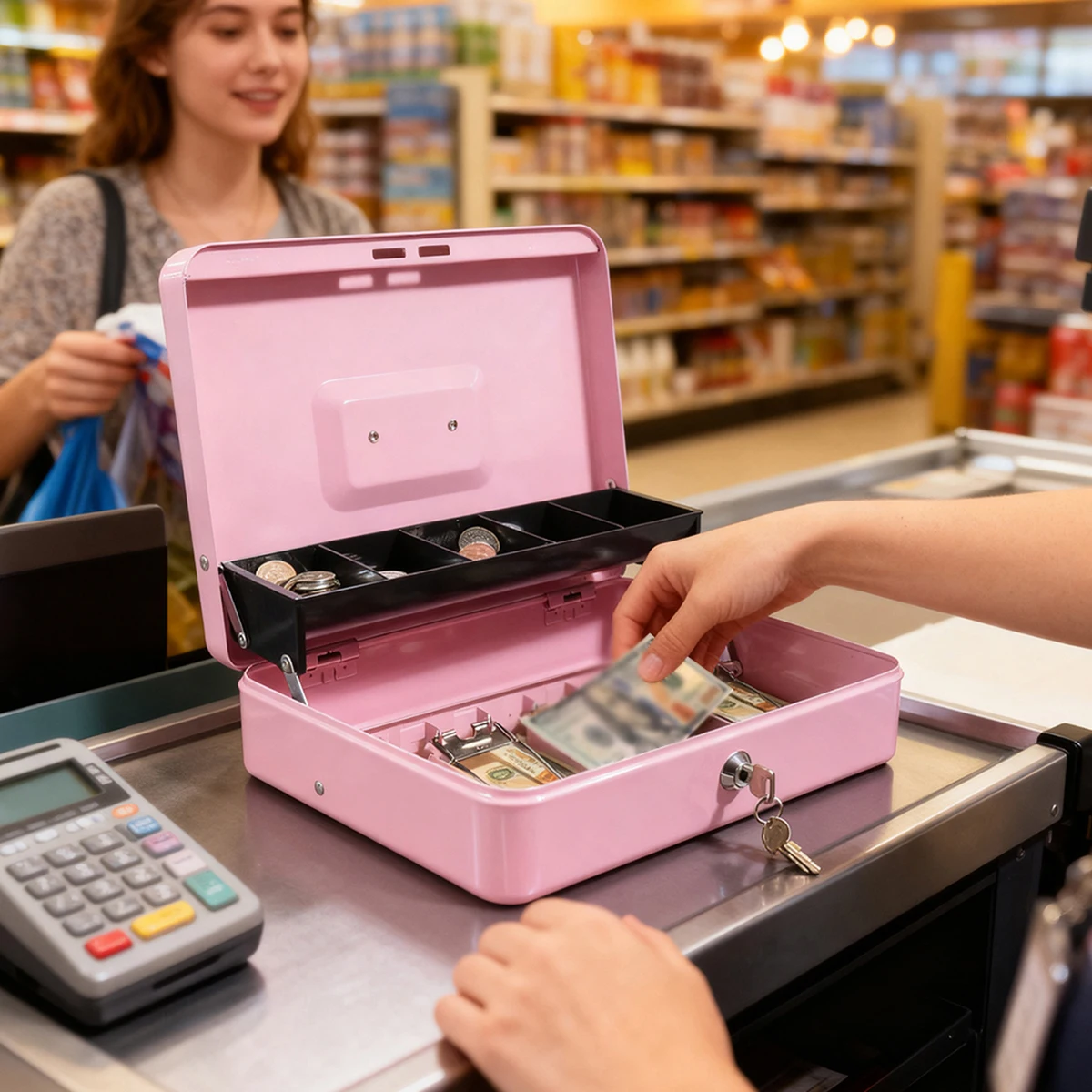 1 قطعة صندوق نقود مع مفتاح - قصدير نقود مع قفل - صندوق نقود متوسط الحجم مع صينية عملات معدنية لملاحظات العملات النقدية الصغيرة والمنزل والأعمال التجارية #4