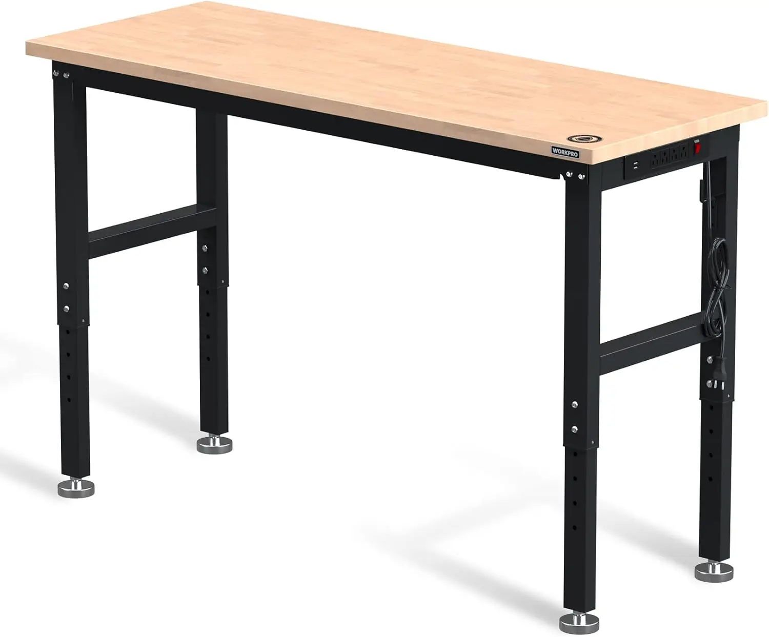 

60" Adjustable Workbench, Rubber Wood Top Heavy-Duty Workstation, 2000 LBS Load Capacity Hardwood Worktable with Power