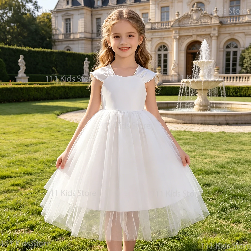 

Kids Princess Summer Dresses Girls Baptismal Mesh White Dress Bowknot Sleeveless Prom Dress Flower Child Costume Birthday Gift