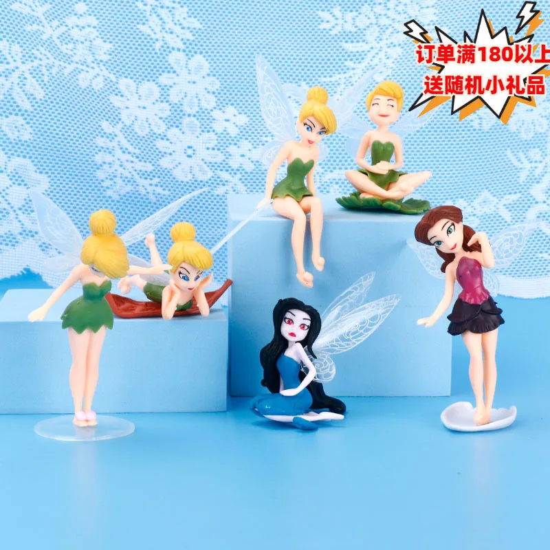 6pcs/Set Disney Elf Princess Tinkerbell Cake Decoration Party Supplies Flower Fairy Pvc Model Fashion Doll Kids Collectible Toy