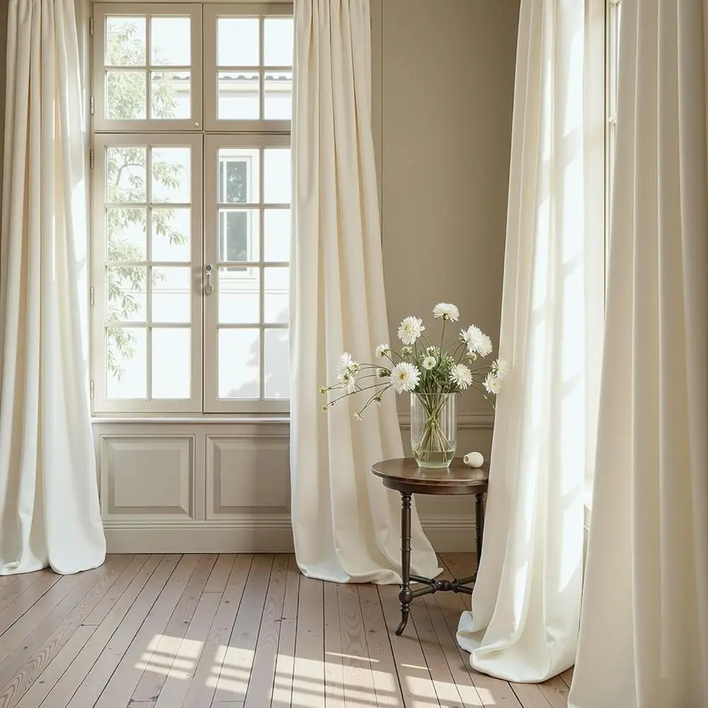 Luxury Cream Beige Velvet Curtains, 52x84, 2-Panel, Back Tab, Sound Insulation, Light Filtering for Living Room & Bedroom