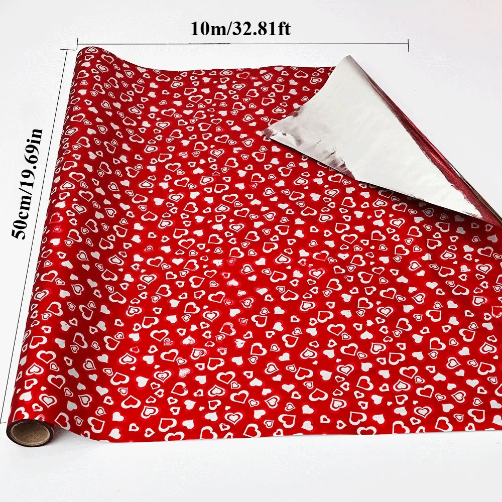 1 Rolle 10 m Rolle wasserfestes PVC-Geschenkpapier – rotes und weißes Herzmuster mit rosa, bandähnlichen Streifen, rosa Schleife und grünem Laub
