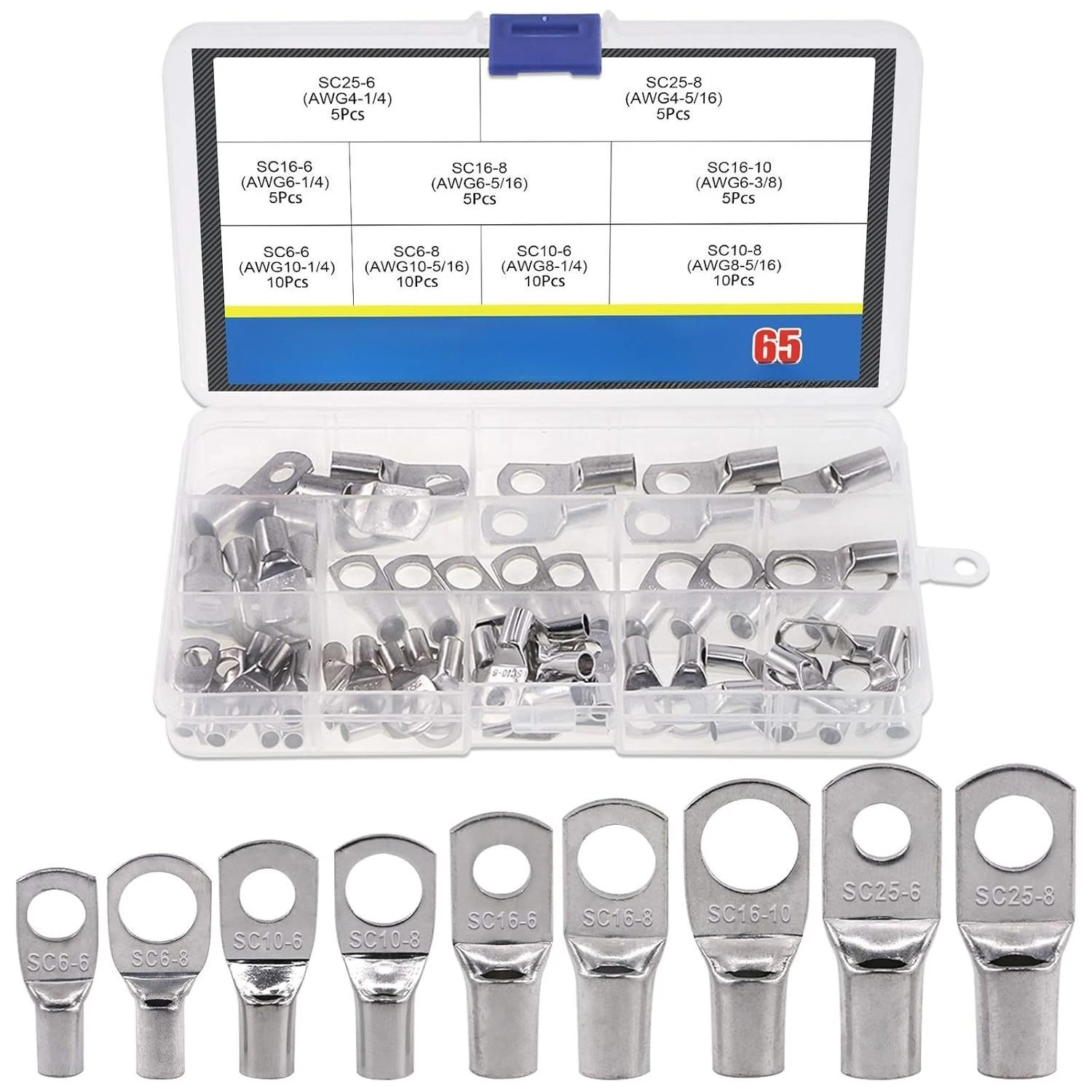 65 PCS Box Set SC6-SC25 Heavy duty Wire Lug Battery Cable Tin Copper Hole Tube SC Ring Terminal Connector