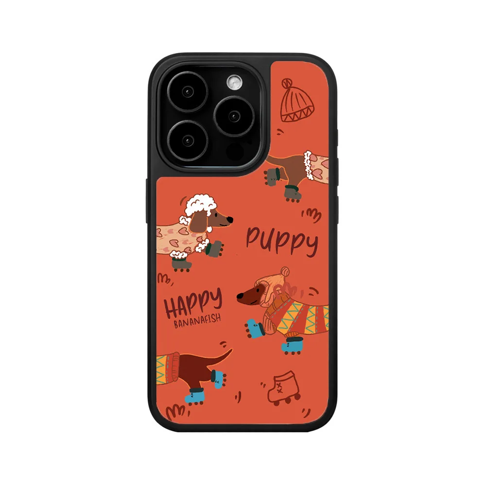 Korean Ins Cute Orange Sausage Dog Black Border Chic Case for IPhone 16 15 14 13 Pro Max Back Phone Cover for 12 Pro Max Capa